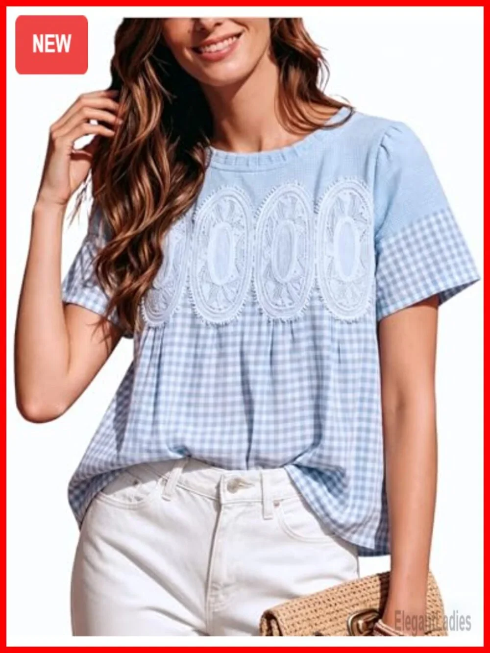 Plaid Lace Short Sleeve Blouse Poplin Mesh Crew Neck Swing Babydoll Top